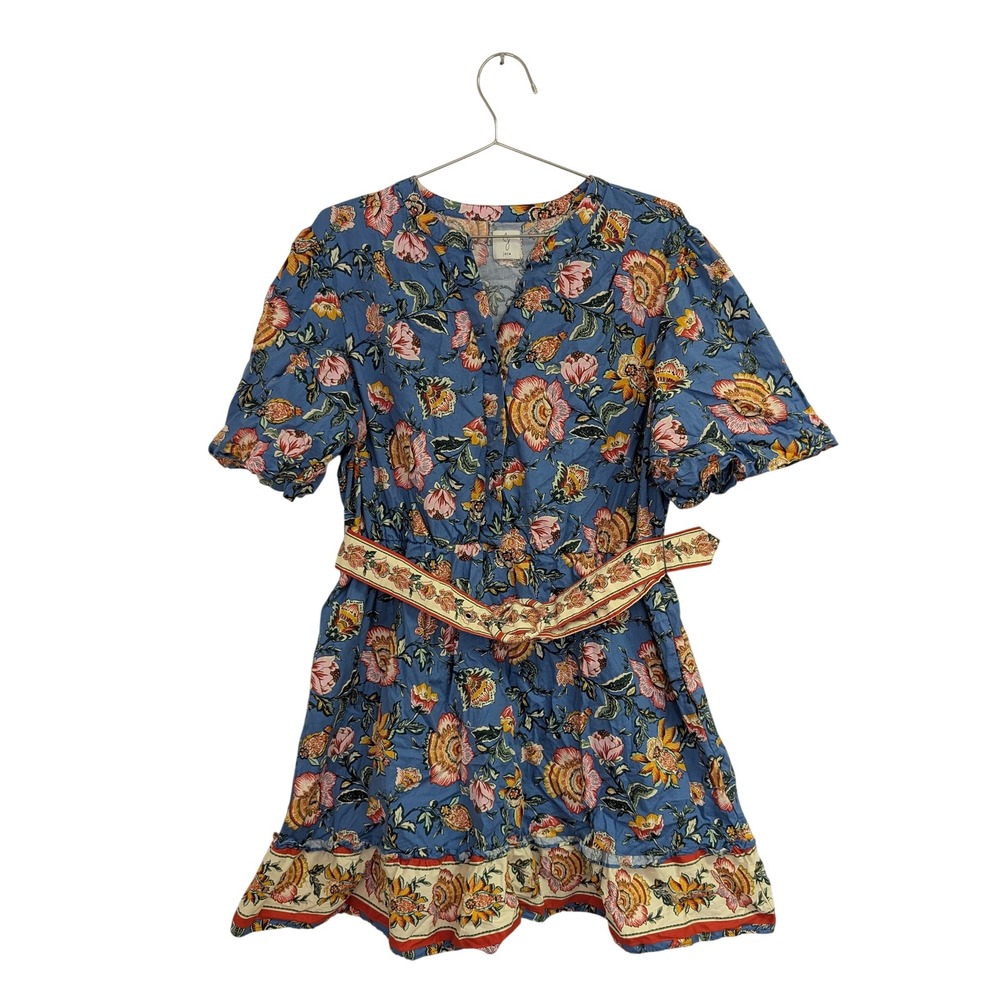 Joie Baha Floral Dress Puff Sleeve Belted Preppy Colorful Blue Size 10